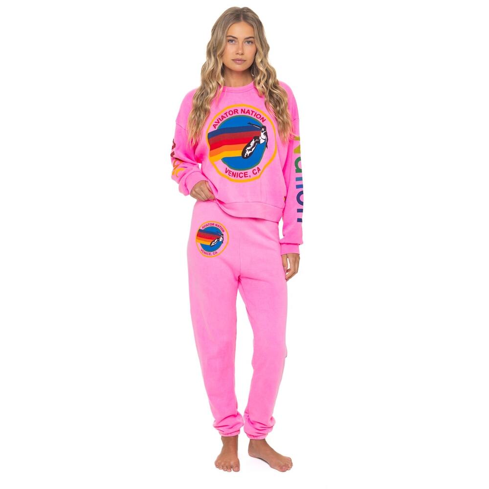 Aviator Nation | NEW Neon Pink Venice CA Sweatpants Joggers Women’s Sz Large - Picture 2 of 8